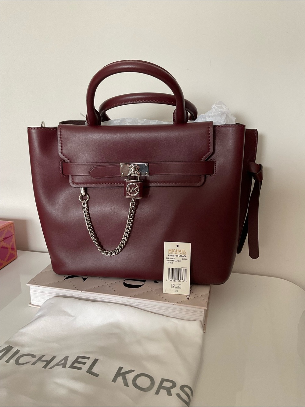 Michael Kors Burgundy Leather Satchel with Chain Lock